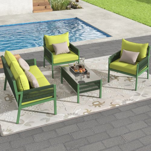 4-Piece Grey Rope Patio Furniture Set with Tempered Glass Table and Thick Cushion for Backyard Porch Balcony