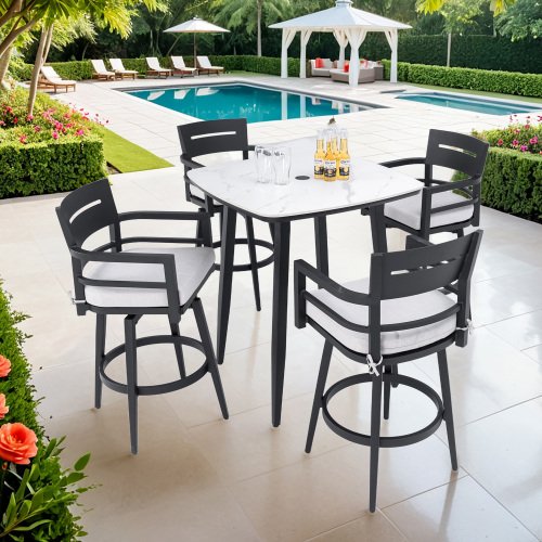 5PC Outdoor Patio Bar Set,Rounded Square Sintered Stone Table & 4 Swivel Bar Chairs,Non-Rust Aluminum Frame,Ember Black, Marble-Inspired Top,Bearing Swivel Plate,Tapered Legs,Sunbrella Cushion