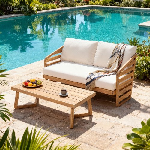 Acacia Wood Beige  Loveseat and Coffee Table Set