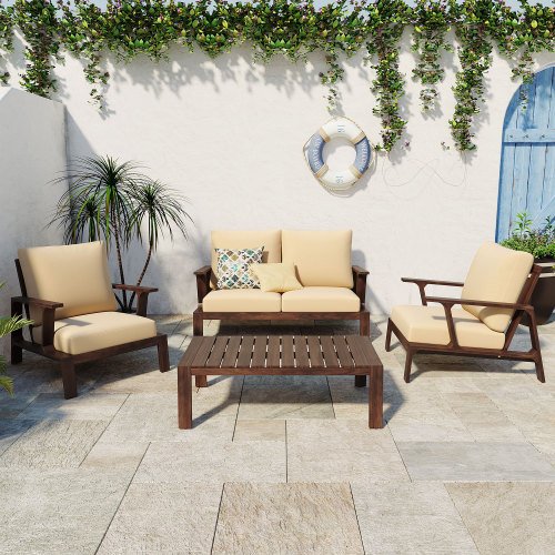 4 Pieces Outdoor Sofa Set with Cushions and a Coffee Table for Patios, Gardens, or Balcony, Dark Brown and Beige Cushion