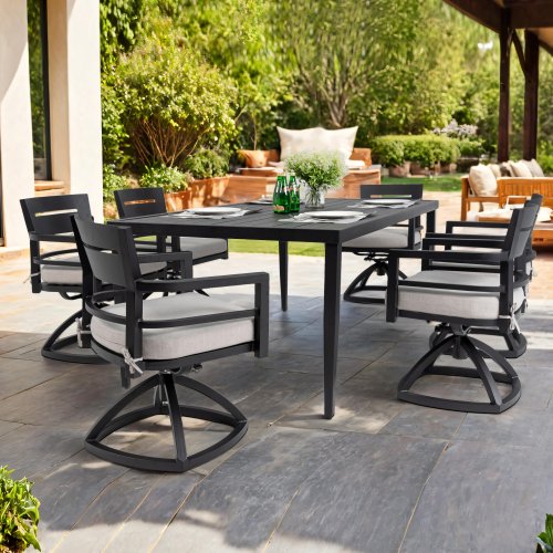 7-Piece BlackOutdoor Patio Aluminum Furniture with 6 Swivel Rockers Sunbrella Fabric Cushioned and Rectangle Dining Table with Umbrella Hole