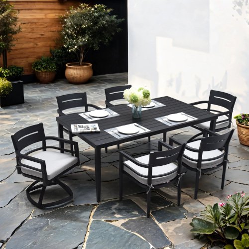 7-Piece Ember Black Outdoor Patio Aluminum Furniture with 4 Dining Chairs & 2 Swivel Rockers Sunbrella Fabric Cushioned and Rectangle Dining Table with Umbrella Hole