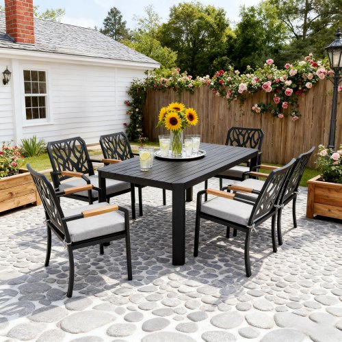 7PC Bourbon Brown Outdoor Patio Aluminum Furniture Set with 6 Dining Chairs Sunbrella Fabric Cushioned and Rectangular Table with Umbrella Hole