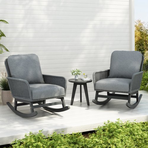 3-Piece Outdoor Seating Set with Gray Cushioned PE Rattan Rocking Chairs and Wooden Accent Table for Patio or Balcony Relaxation