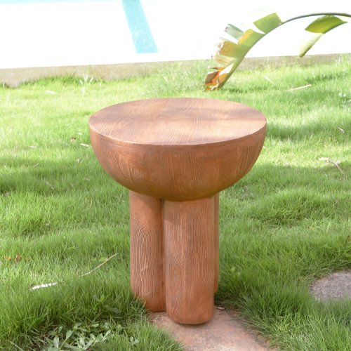 Brown Round Three-Legged Wood-Grain MGO Outdoor Patio Side Table