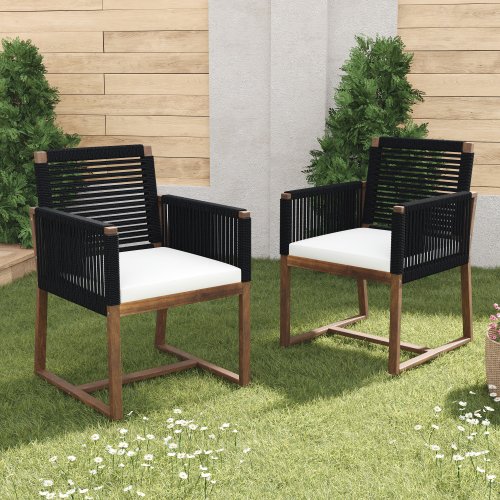 Black Acacia Wood Dining Chairs with Beige Cushion for Backyard, Poolside (Set of 2)