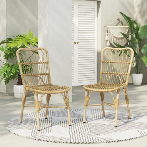 Natural PE Wicker Dining Chairs for Backyard,Poolside,Garden (Set of 2)