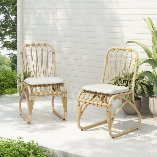 Natural PE Wicker Dining Chairs with Beige Cushion for Backyard,Poolside,Garden (Set of 2)