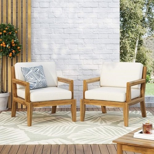 Teak Acacia Wood Patio Club Chair With Beige Cushion for Porch, Garden, Backyard(Set of 2)