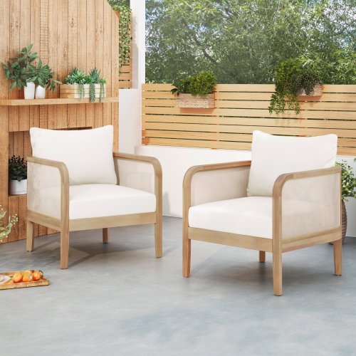 Light Teak Outdoor Acacia Wood Club Chair With Beige Cushion for Porch, Garden, Backyard (Set of 2)