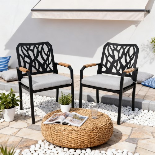 2PCS Bourbon Brown Aluminum Outdoor Dining Chairs with White Cushions