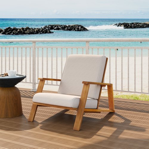 Teak Acacia Wood Patio Lounge Chair with Beige Cushion