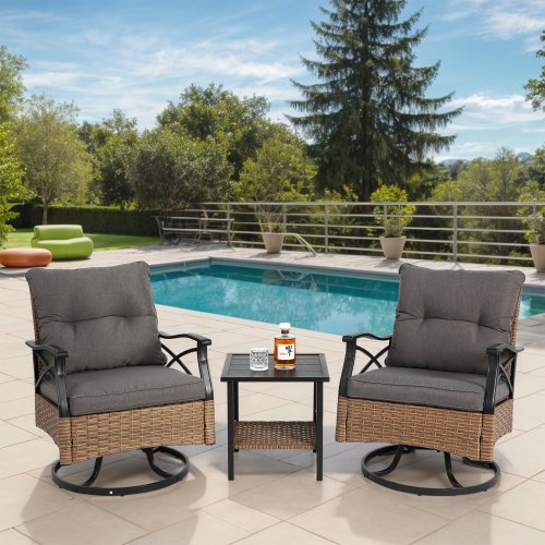 3 Pieces Brown Wicker Patio Conversation Set with 1 Table and 2 Rocking & Swivel Chairs