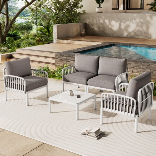 5 Piece Patio Conversation Sets with Square Coffee Table, Waterproof Thick Cushion Deep Seating for Porch, Balcony, White & Light Gray 