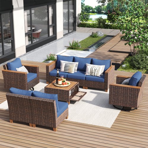 8-Piece Wicker Outdoor Patio Furniture Set with Thick Cushion, Acacia Storage Table for Outdoor Couch, Backyard, Blue 