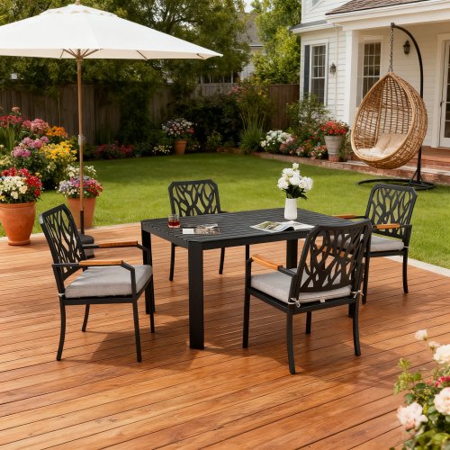 5PC Outdoor Patio Aluminum Furniture Set with 4 Dining Chairs Sunbrella Fabric Cushioned Rectangular Table with Umbrella Hole,Bourbon Brown