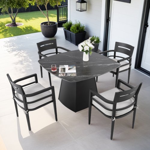 5-Piece Outdoor Pedestal Dining Set with 44" Rounded Square Sintered Stone Table and Flared Base and 4 Armchairs, Sunbrella Cushions for Patio or Deck