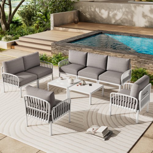 9 Piece Patio Conversation Sets with Two Square Coffee Table, Waterproof Thick Cushion Deep Seating for Porch, Balcony, White & Light Gray 